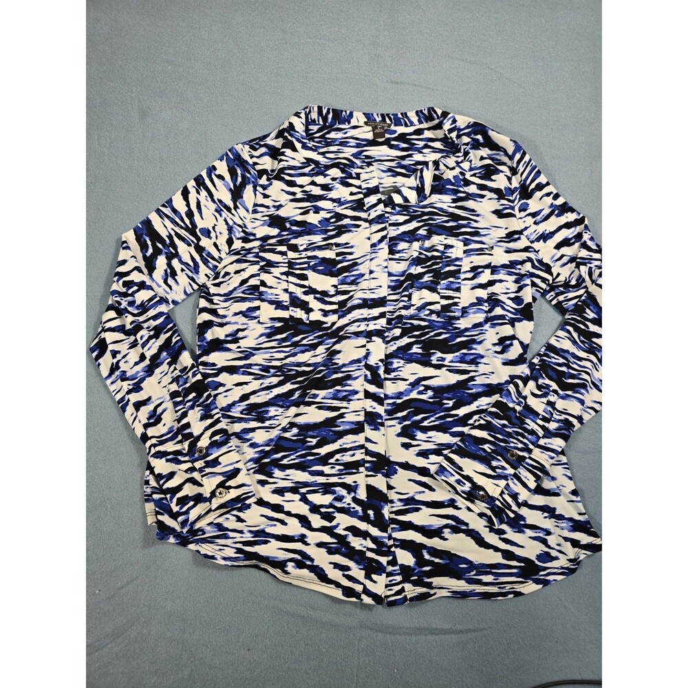 Dana Buchman Women Tie Dye Long Sleeve Soft Button-Up Shirt White & Blue Size L